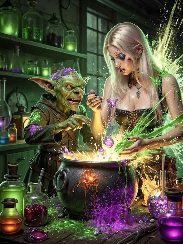 A goblin alchemist brewing a vivid purple potion