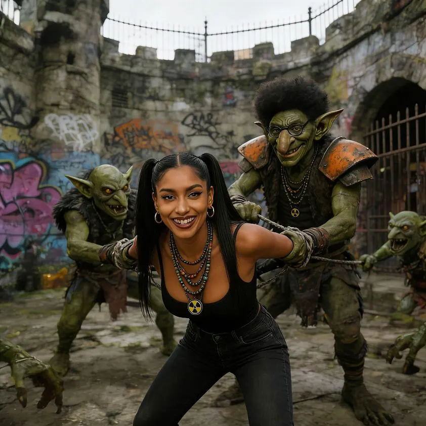 A woman and goblins in a graffiti-covered courtyard