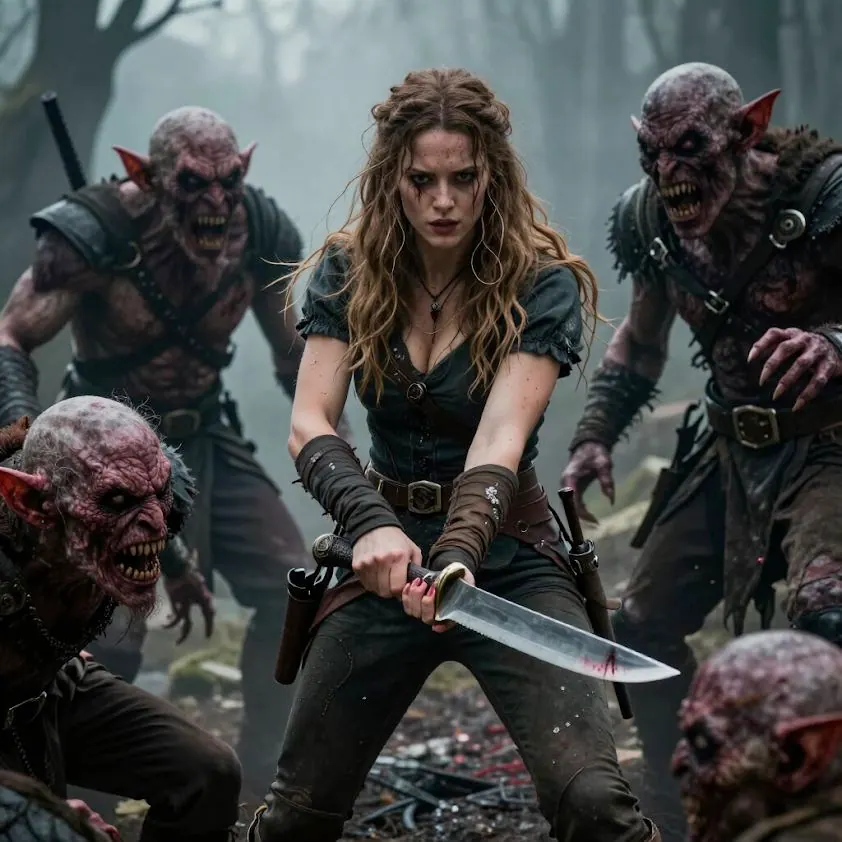 A sword-wielding adventurer facing a goblin horde
