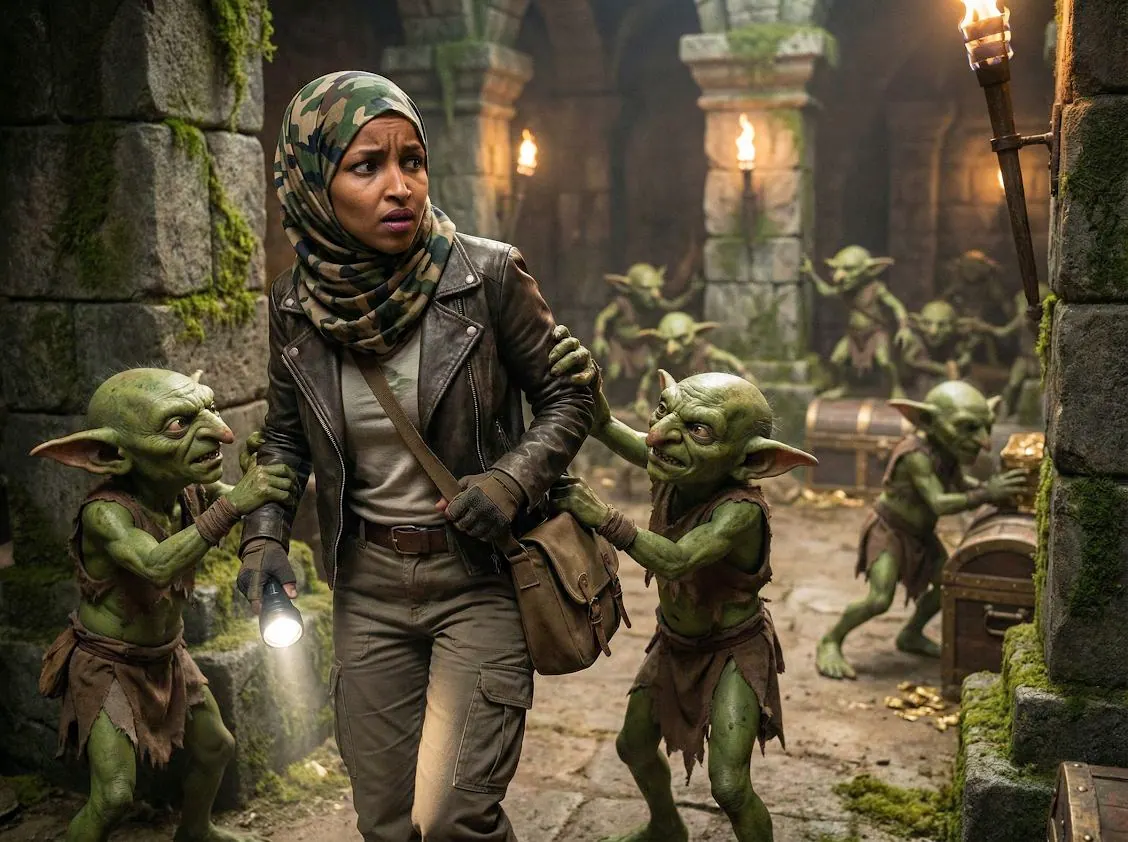 An explorer surrounded by goblins in a torch-lit temple
